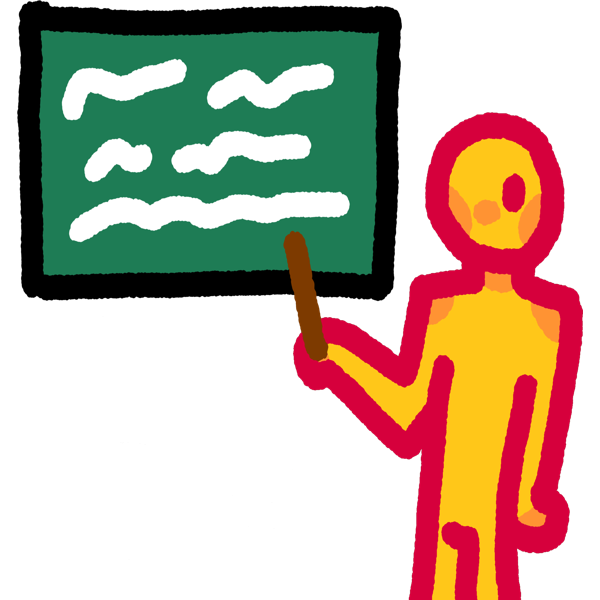 A simple yellow person on holding a brown stick with their left hand and holding it up to a dark blueish green chalkboard with white scribbles on it. There is a white circle with a horizontal line coming from the top with an X at the tip of the line/non-binary symbol under the chalkboard with a white arrow pointing to the yellow person.
